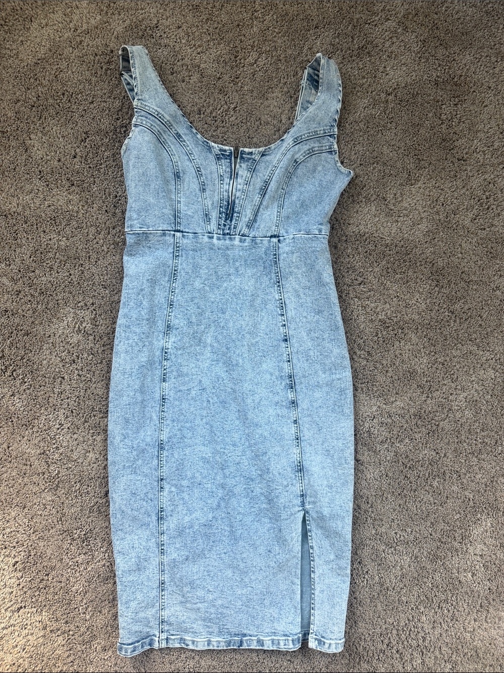 Light Wash Denim Midi Dress with Front Slit
